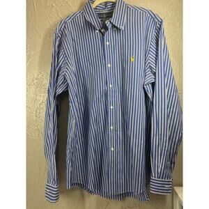 Ralph Lauren Mens White Blue Long Sleeve Custom Fit‎ Striped Dress Shirt Large